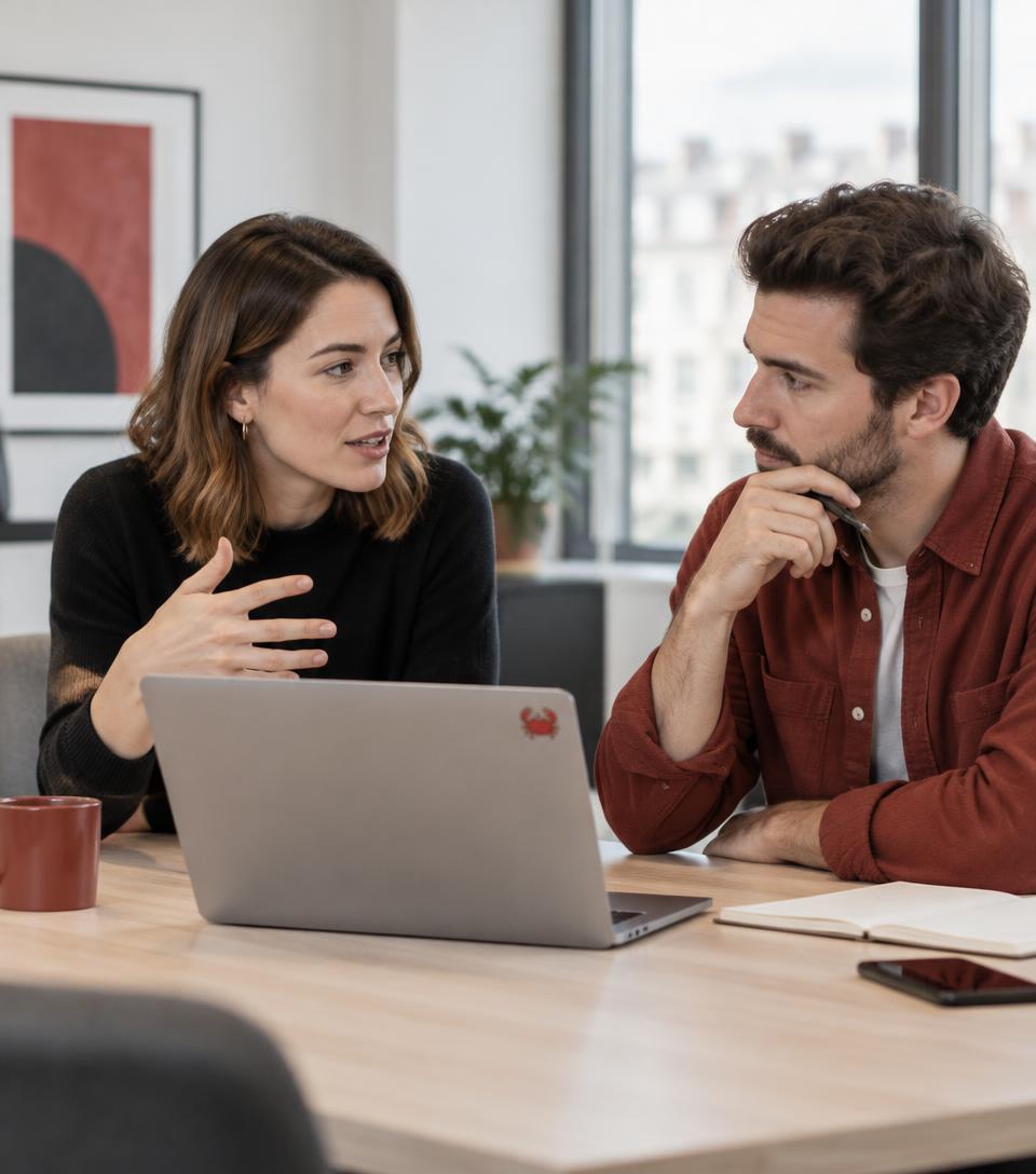 Professionnels du SaaS préparant une démonstration commerciale
